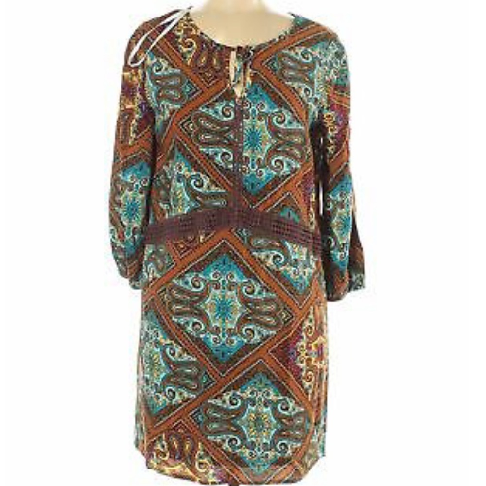NWT Charming Charlie Womens Colorful Paisley Print Boho‎ Long Sleeve Tunic Dress